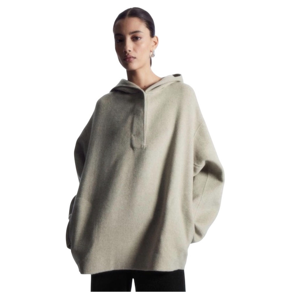COS Oversized Double Faced Wool Hoodie Women's Heavy and Warm Beige Pockets Sz M